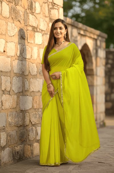 Yellow Mirror Lace Georgette Saree