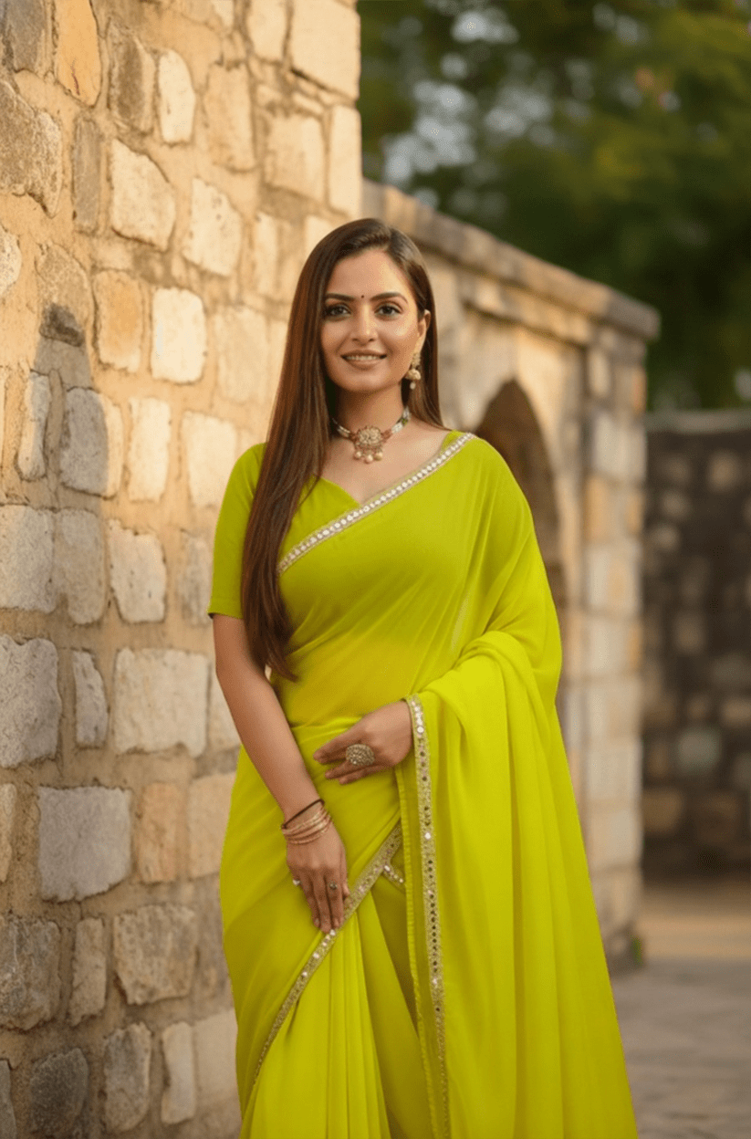 Yellow Mirror Lace Georgette Saree