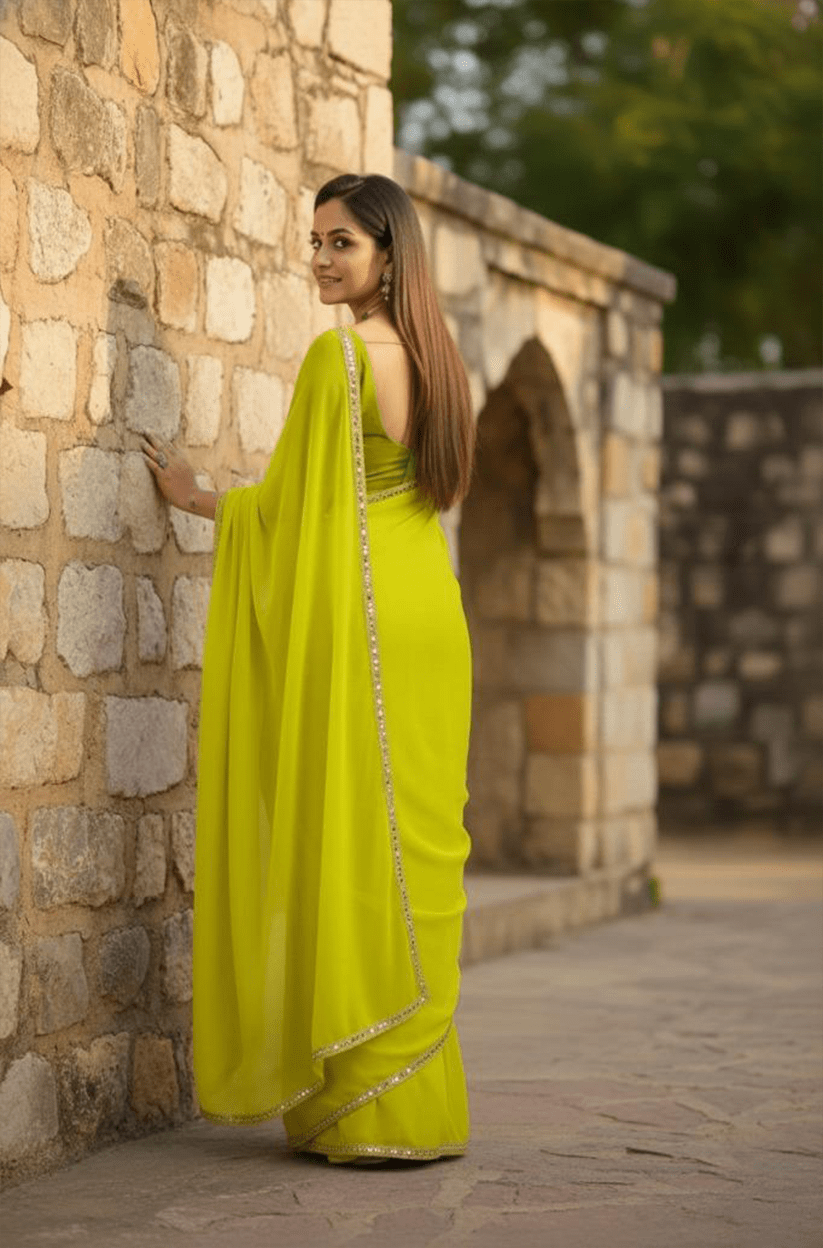 Yellow Mirror Lace Georgette Saree