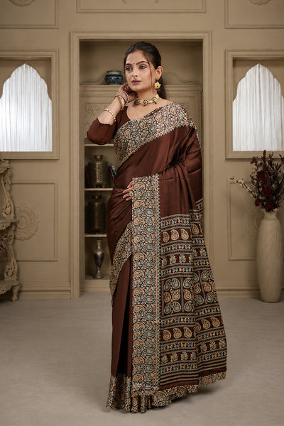 Maroon Ajrakh Printed Silk Saree