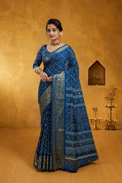 Blue Bandhani Print Soft Dola Cotton Gharchola Saree