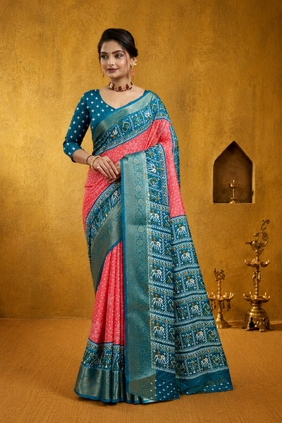 Pink Soft Dola Cotton Printed Gharchola Saree