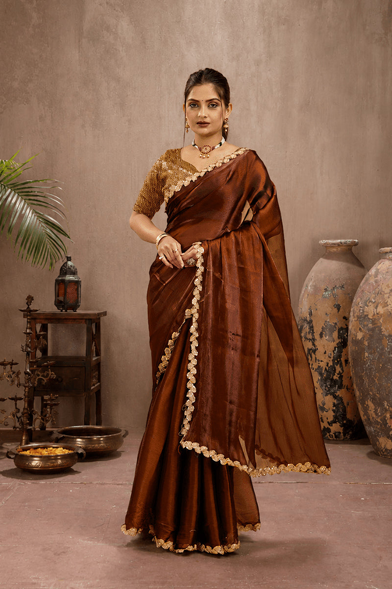 Brown Jimmy Choo Plain Chiffon Saree