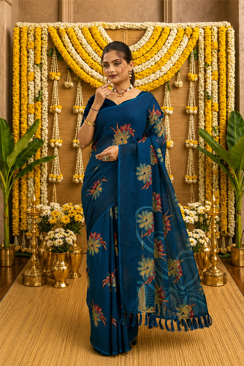 Rama Digital Printed Bright Moss Satin Border Saree