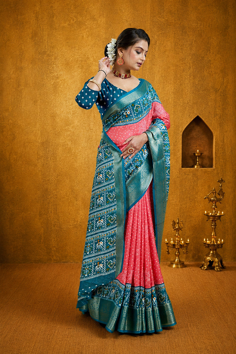 Pink Soft Dola Cotton Printed Gharchola Saree