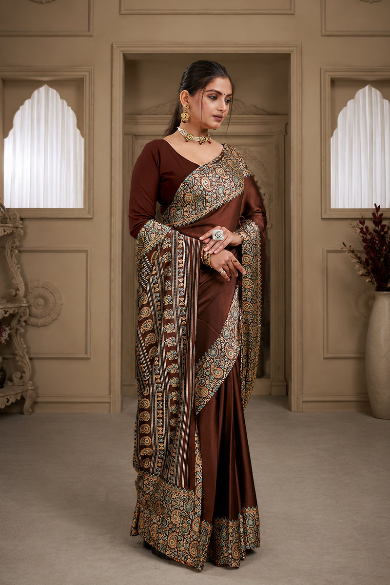 Maroon Ajrakh Printed Silk Saree