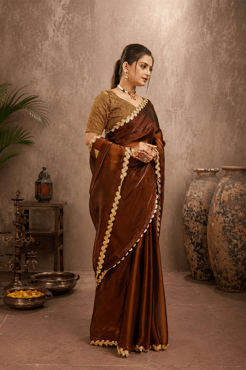 Brown Jimmy Choo Plain Chiffon Saree