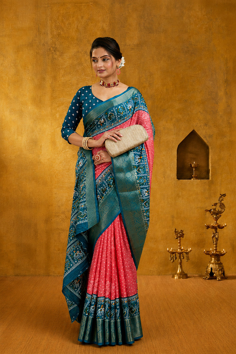 Pink Soft Dola Cotton Printed Gharchola Saree