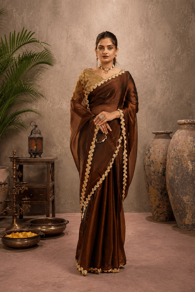 Brown Jimmy Choo Plain Chiffon Saree