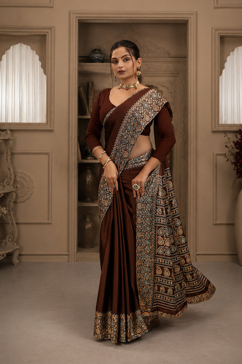 Maroon Ajrakh Printed Silk Saree