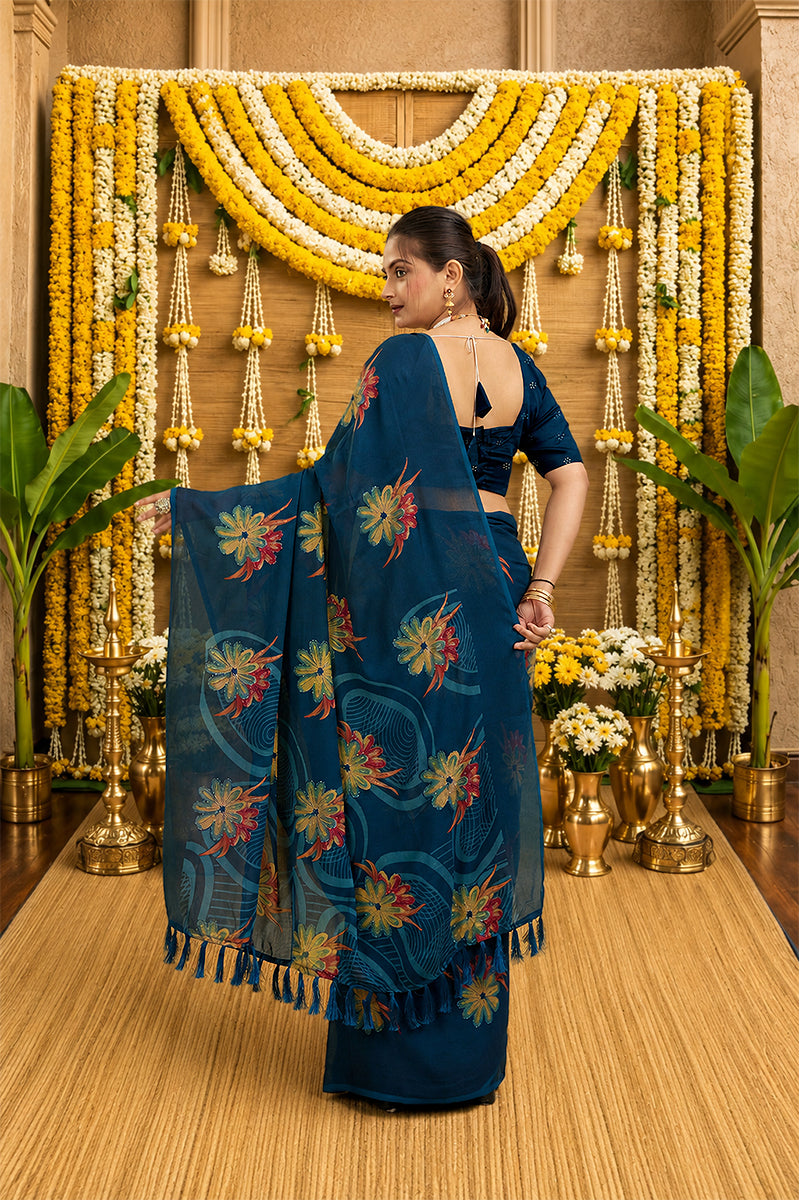 Rama Digital Printed Bright Moss Satin Border Saree