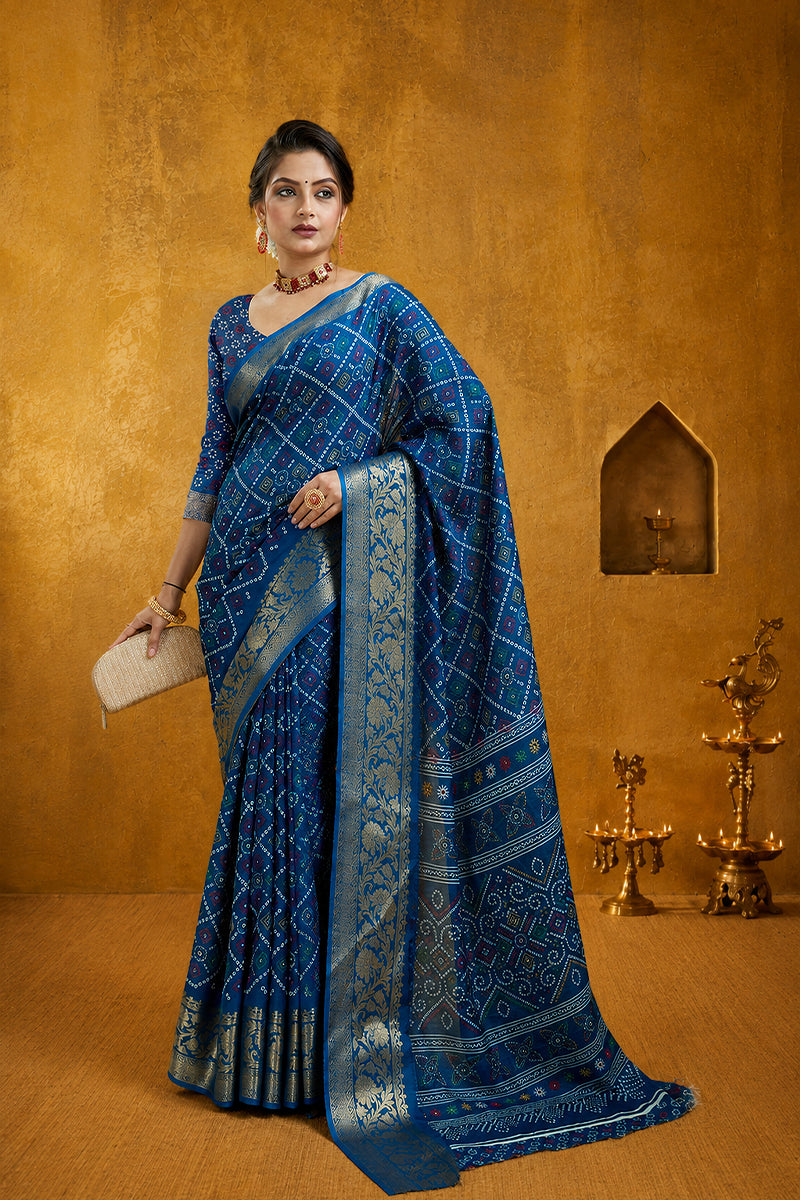Blue Bandhani Print Soft Dola Cotton Gharchola Saree