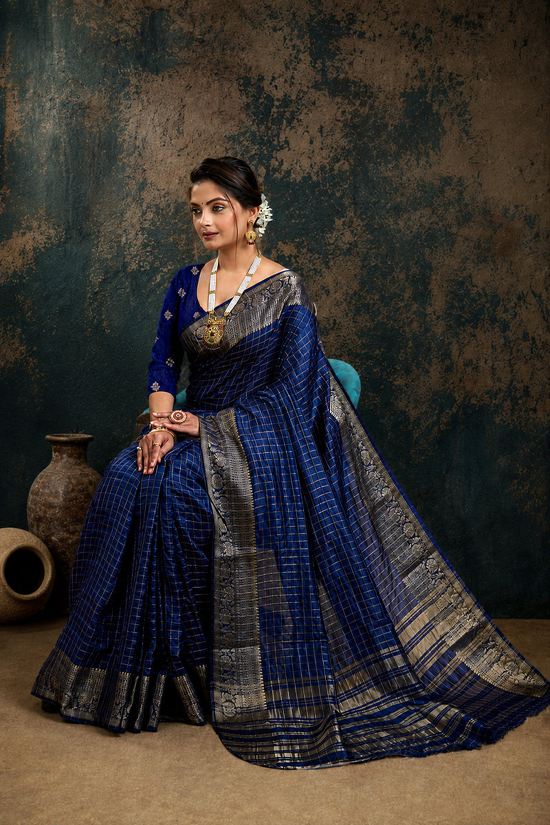 Royal Blue Woven Jacquard Cotton Silk Saree