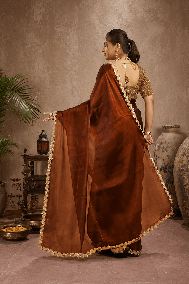 Brown Jimmy Choo Plain Chiffon Saree