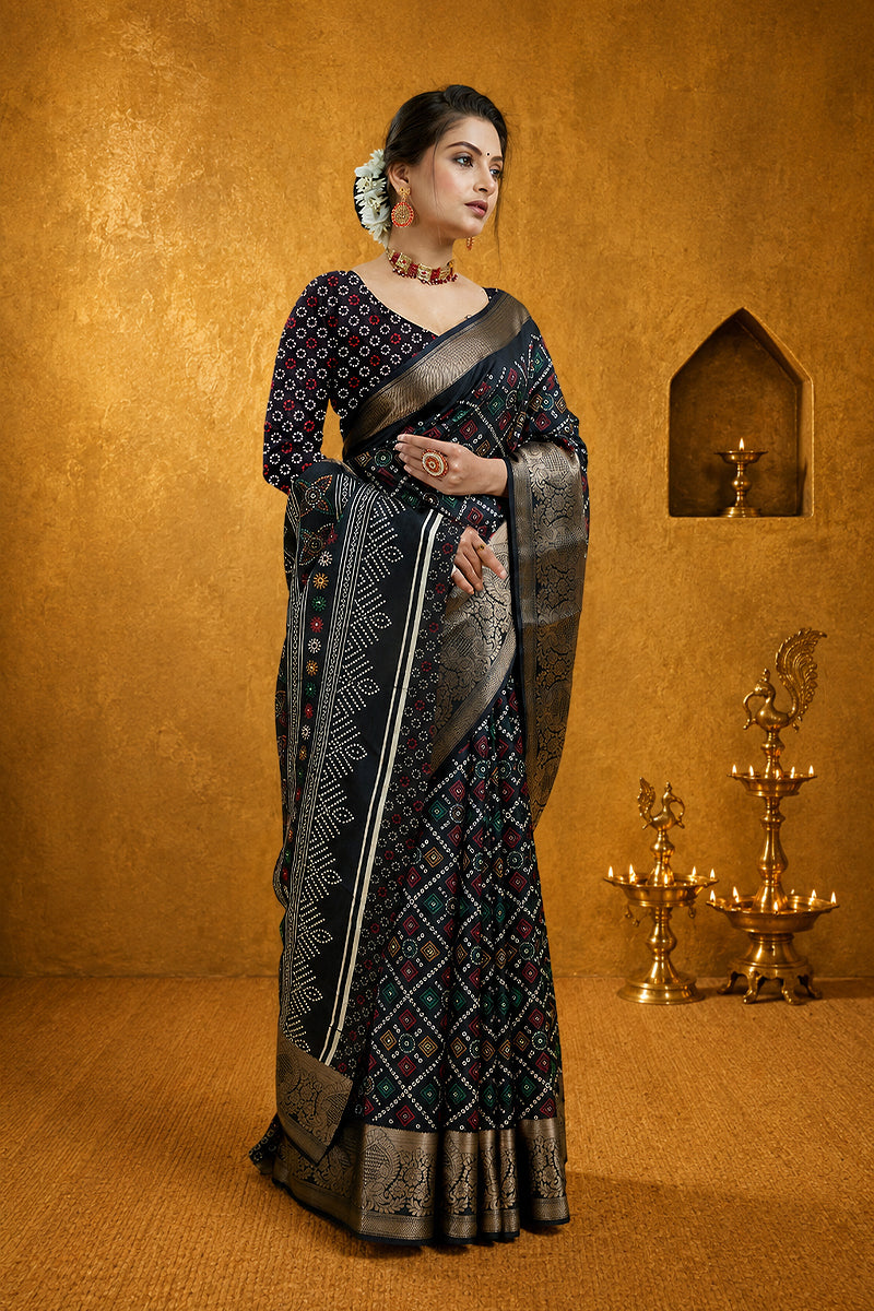 Black Bandhani Print Soft Dola Cotton Gharchola Saree