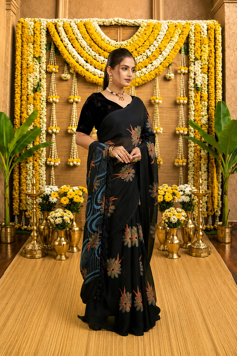 Black Digital Printed Bright Moss Satin Border Saree