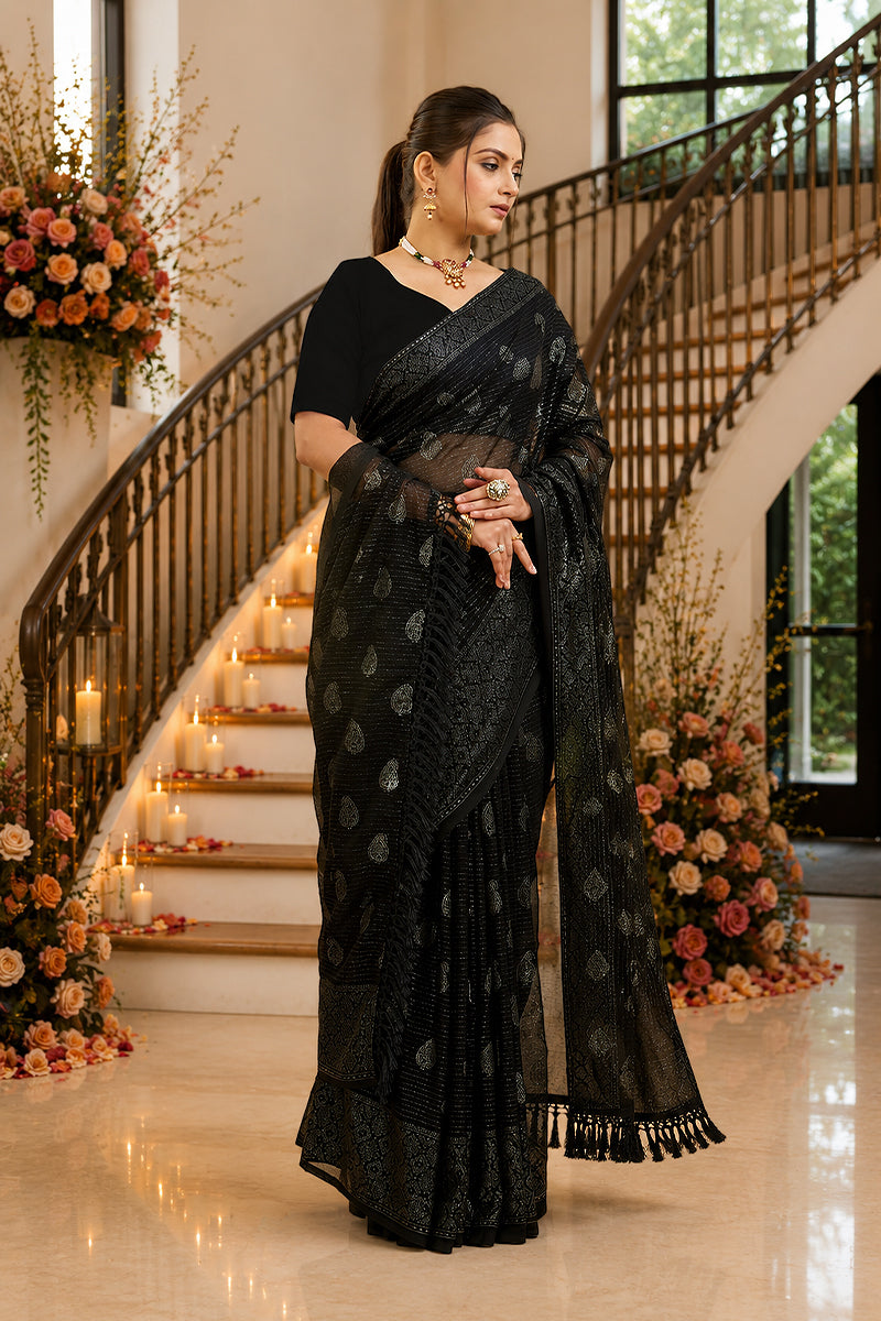 Black Foil Printed Soft Georgette Saree
