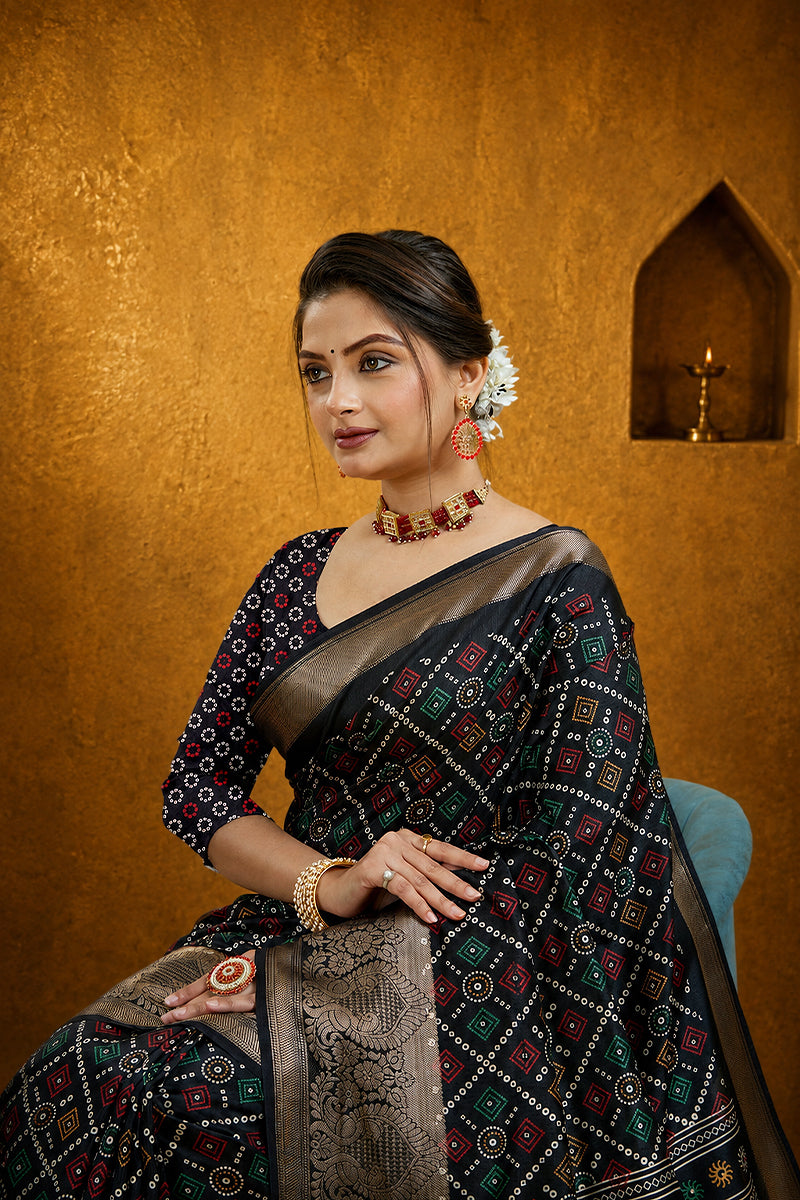Black Bandhani Print Soft Dola Cotton Gharchola Saree