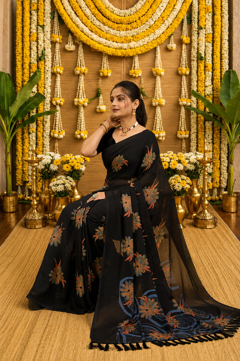 Black Digital Printed Bright Moss Satin Border Saree