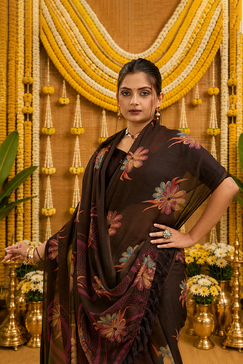Brown Digital Printed Bright Moss Satin Border Saree