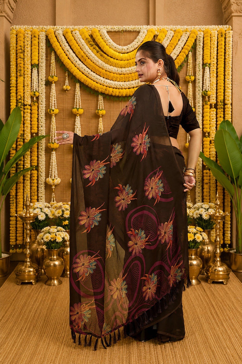 Brown Digital Printed Bright Moss Satin Border Saree