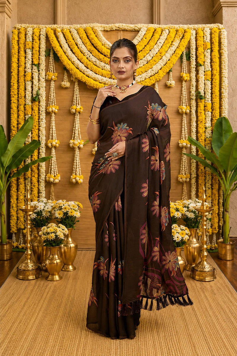 Brown Digital Printed Bright Moss Satin Border Saree