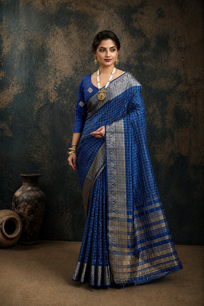 Navy Woven Jacquard Cotton Silk Saree
