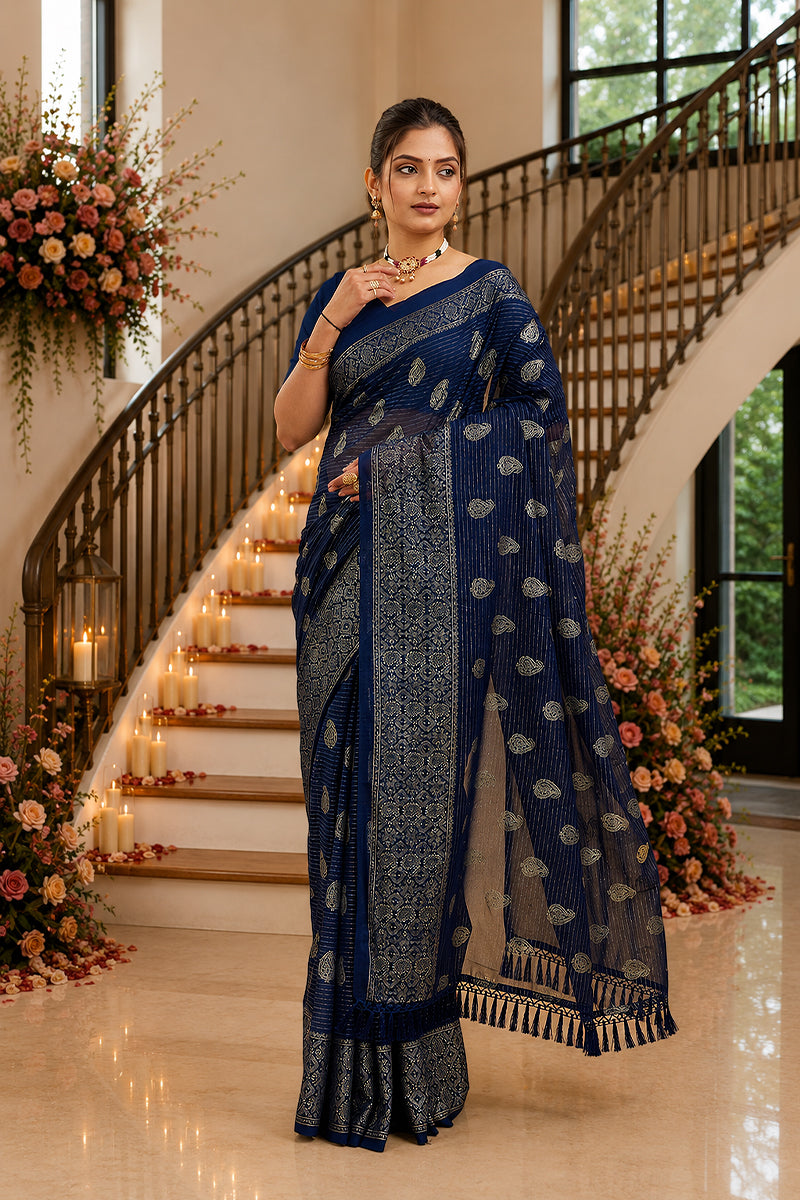 Navy Foil Printed Soft Georgette Saree