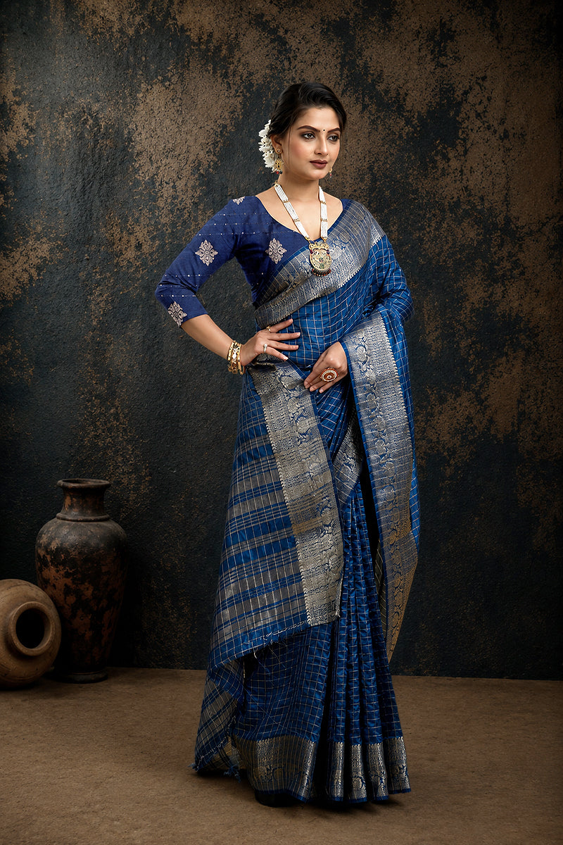 Navy Woven Jacquard Cotton Silk Saree