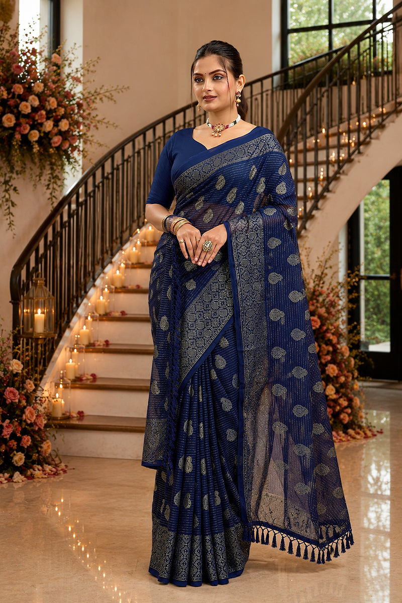 Navy Foil Printed Soft Georgette Saree