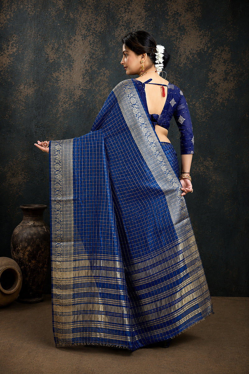 Navy Woven Jacquard Cotton Silk Saree