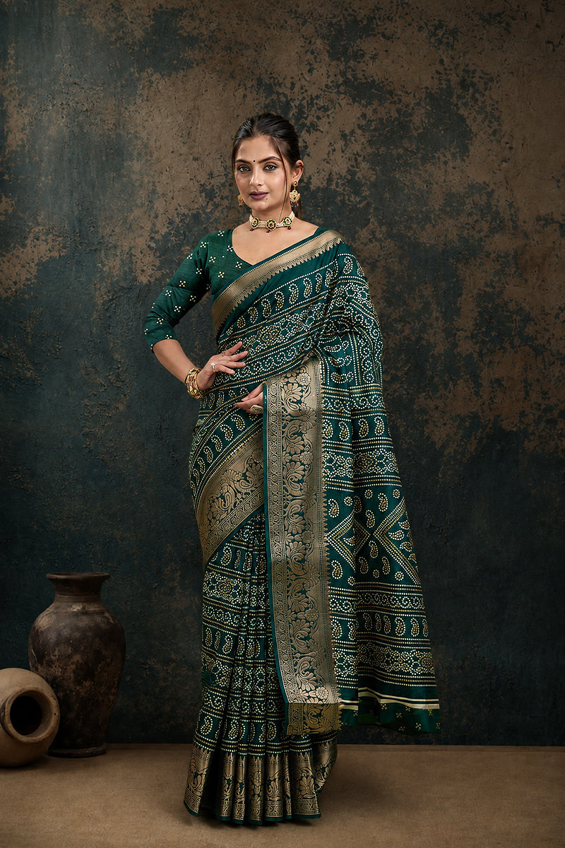 Green Bandhani Print Soft Dola Cotton Gharchola Saree