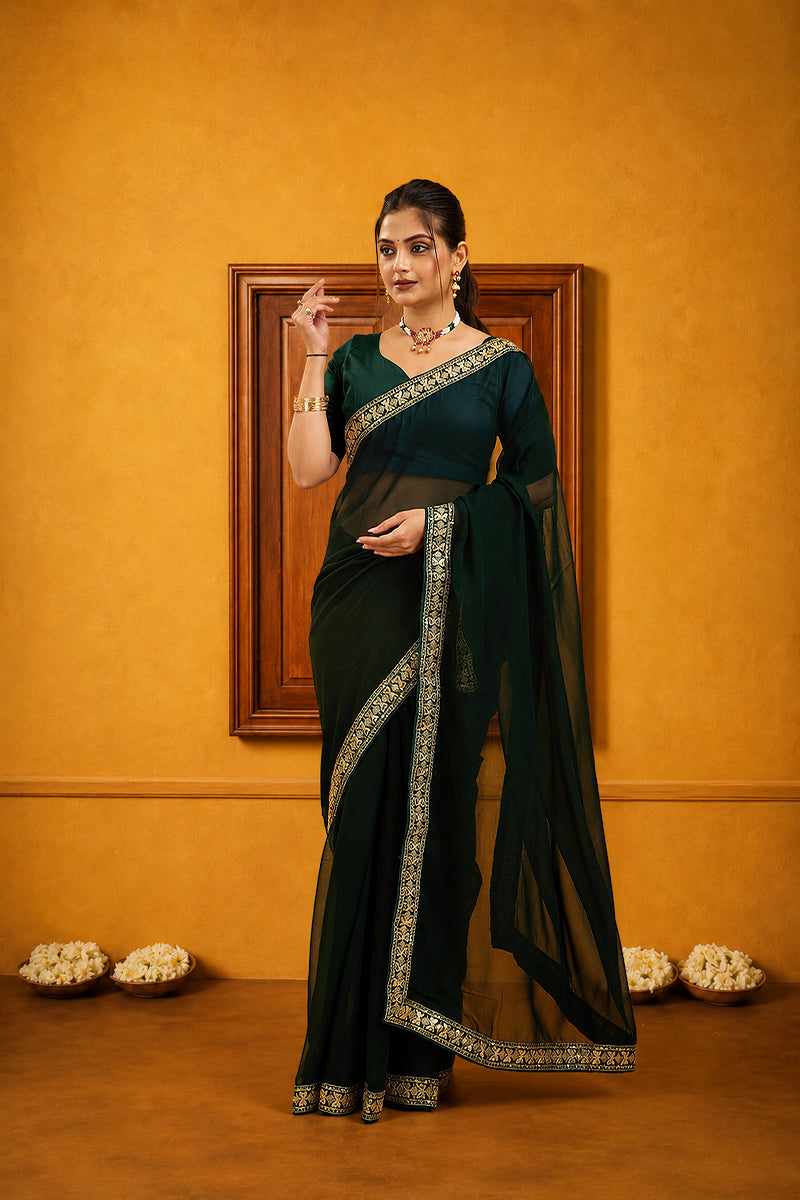 Green Solid Georgette Saree With Lace
