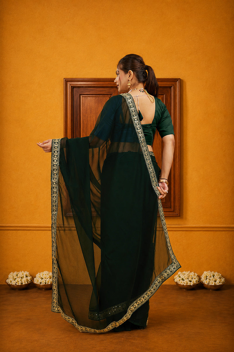 Green Solid Georgette Saree With Lace