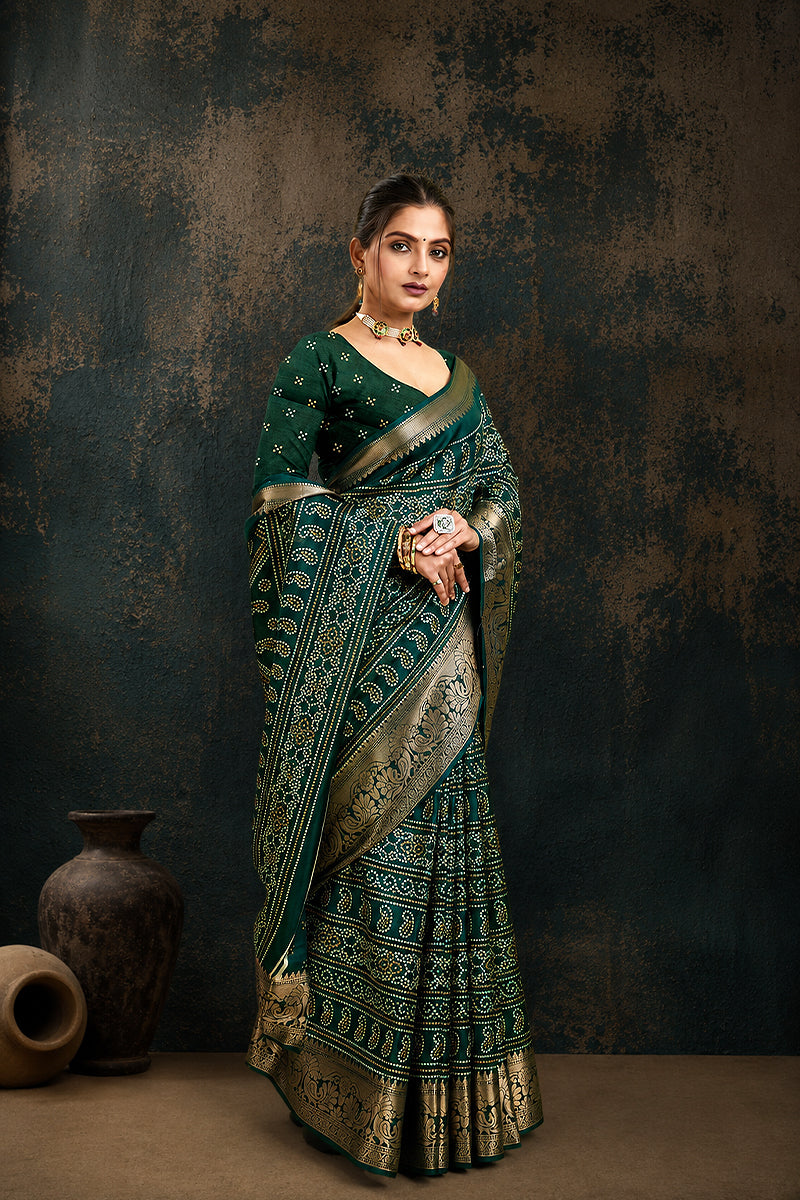 Green Bandhani Print Soft Dola Cotton Gharchola Saree