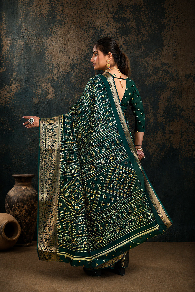 Green Bandhani Print Soft Dola Cotton Gharchola Saree