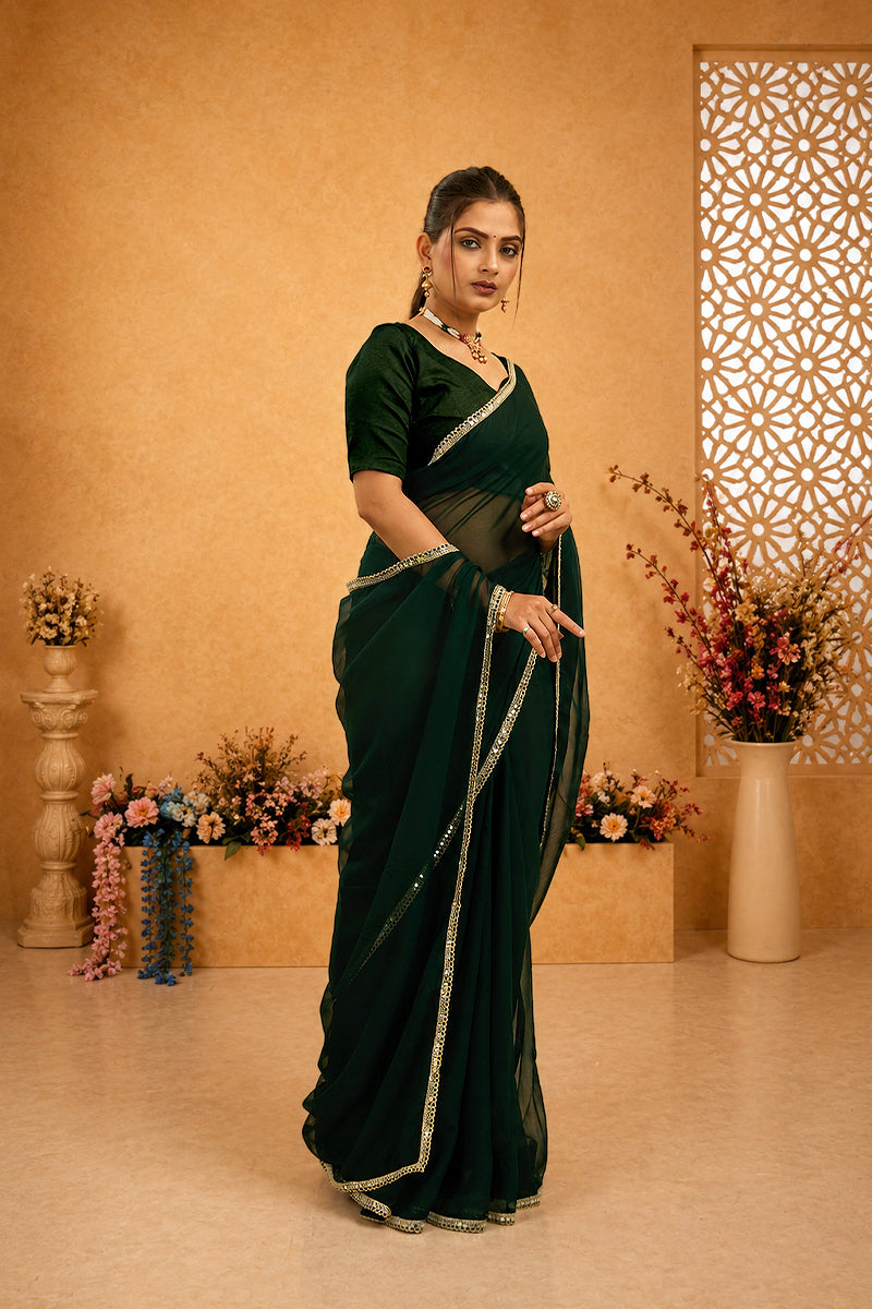 Green Mirror Lace Georgette Saree