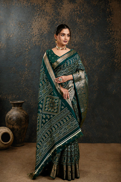 Green Bandhani Print Soft Dola Cotton Gharchola Saree
