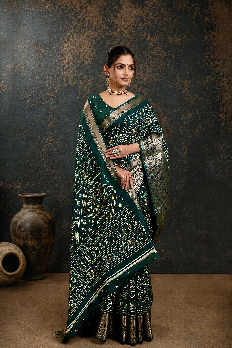 Green Bandhani Print Soft Dola Cotton Gharchola Saree
