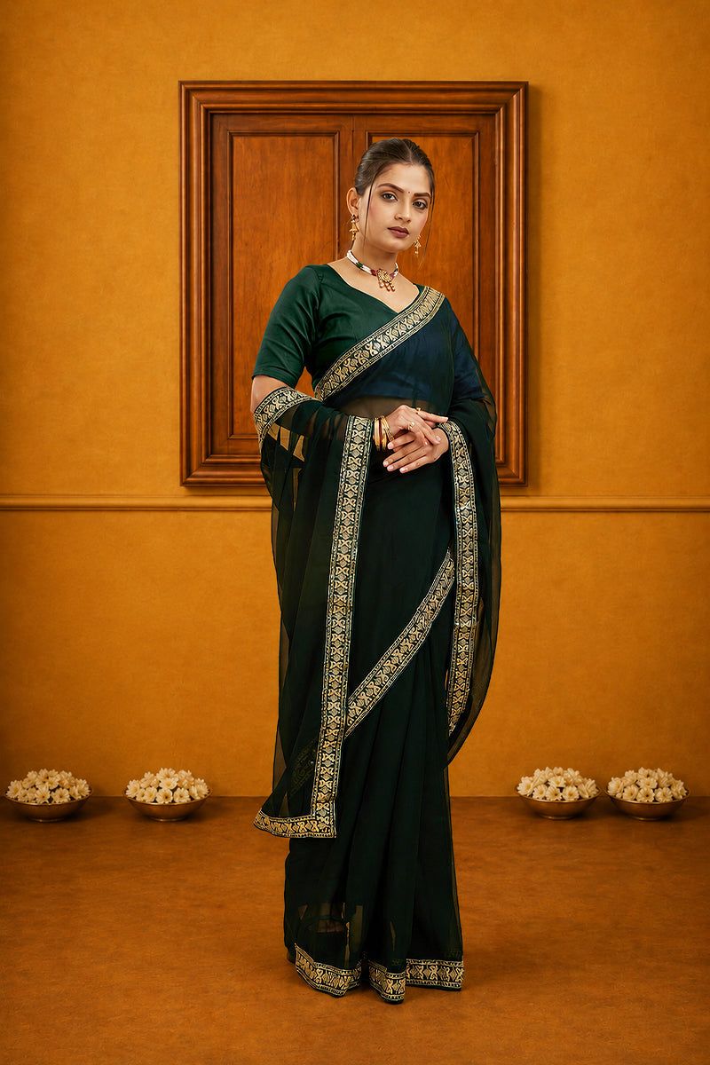 Green Solid Georgette Saree With Lace