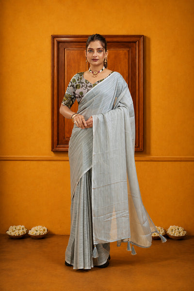 Gray Solid Shimmer Polyester Saree