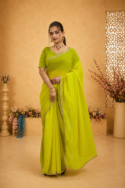Yellow Mirror Lace Georgette Saree
