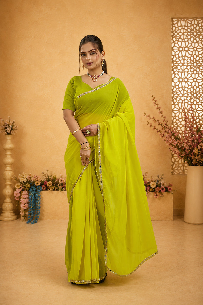 Yellow Mirror Lace Georgette Saree
