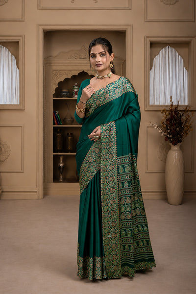 Green Ajrakh Printed Silk Saree