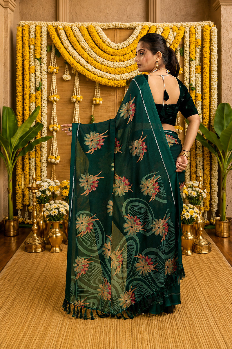 Green Digital Printed Bright Moss Satin Border Saree