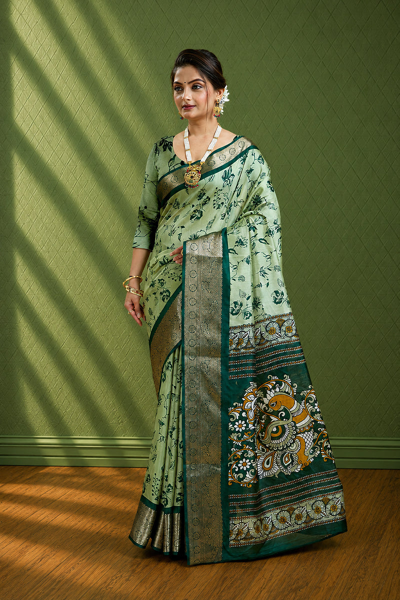 Dark Green Soft Dola Cotton Gharchola  Printed Saree