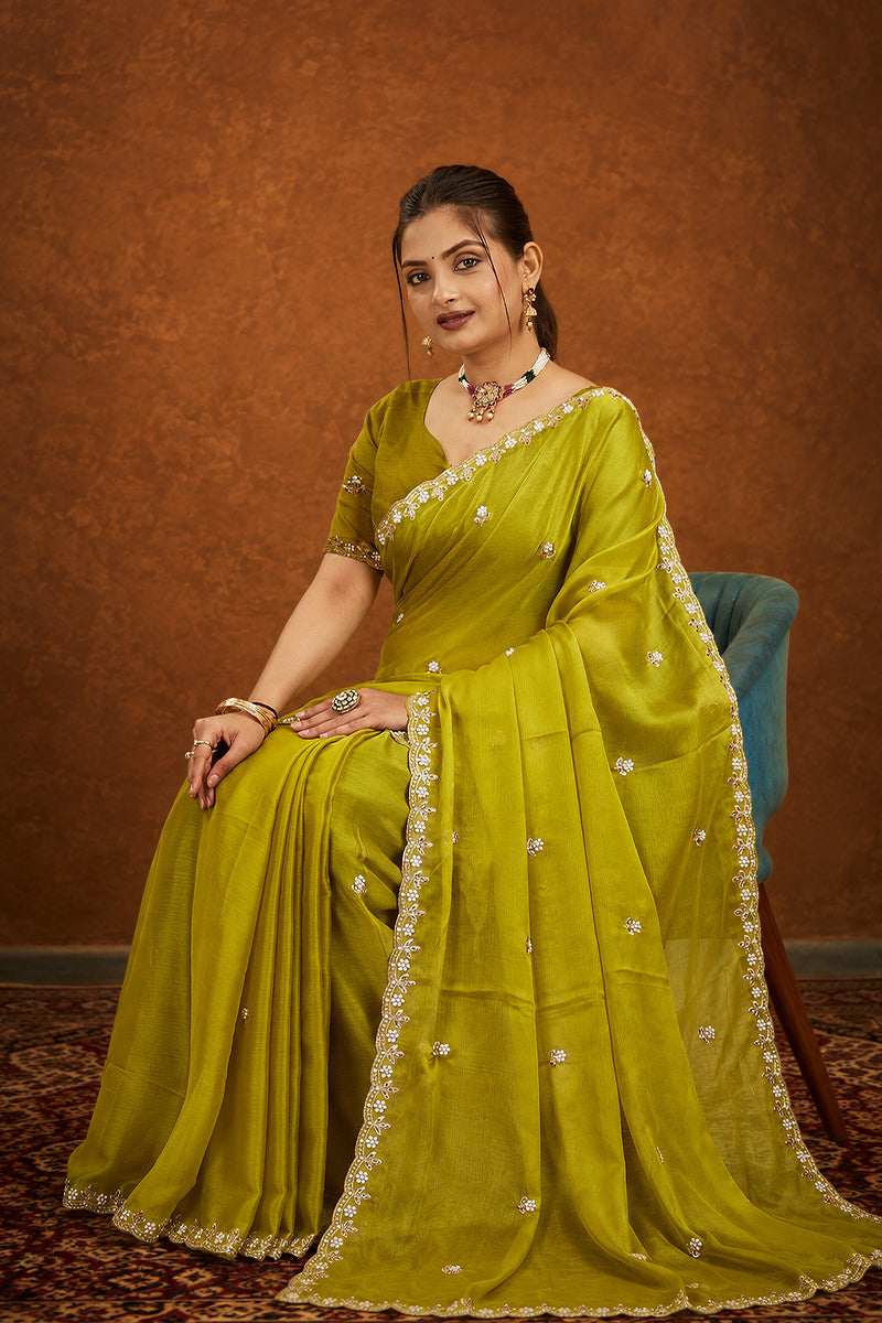 Yellow Chiffon Embroidered Silk Saree