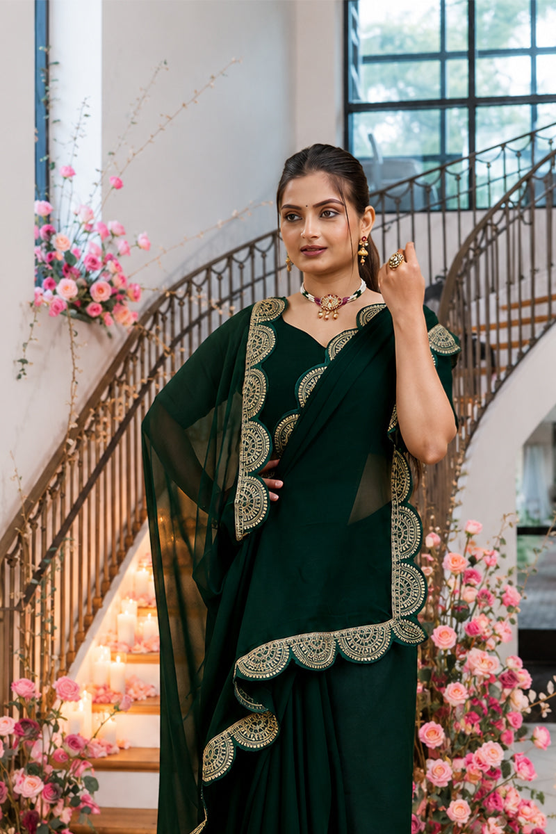 Green Embroidered Satin Chiffon Saree