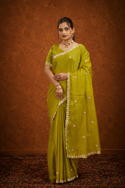 Yellow Chiffon Embroidered Silk Saree