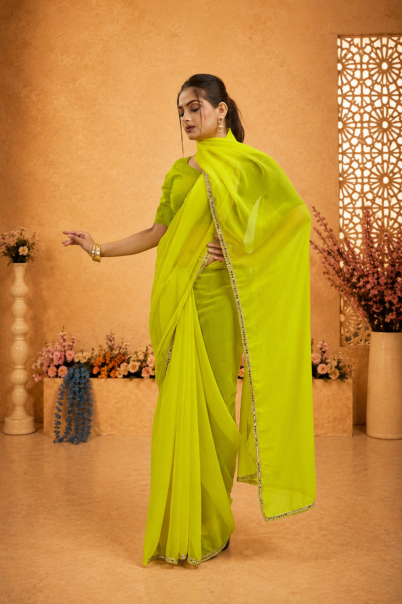Yellow Mirror Lace Georgette Saree